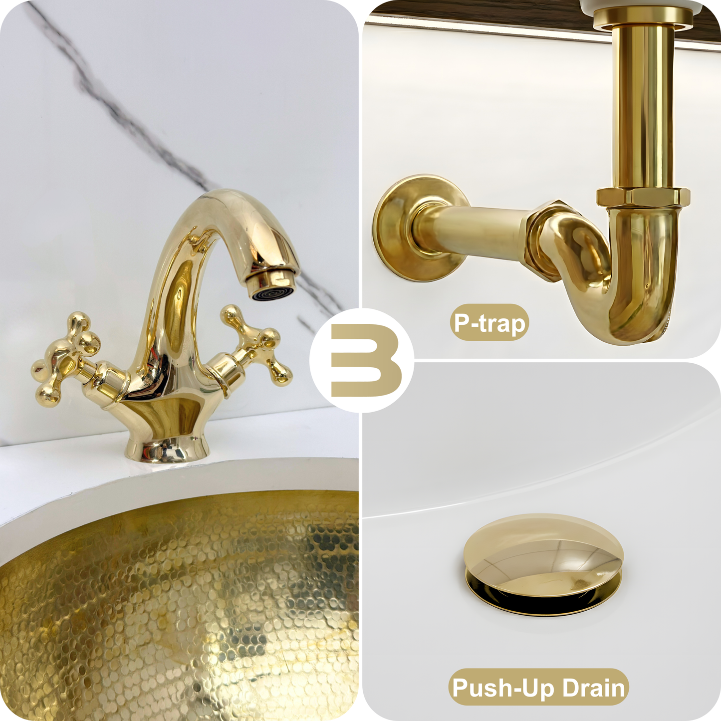 Unlacquered Brass Single Hole Bathroom Faucet with Cross Handles, Push-Up Drain & P-trap