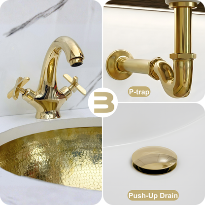 Unlacquered Brass Single Hole Bathroom Faucet with Cross Handles, Push-Up Drain & P-trap