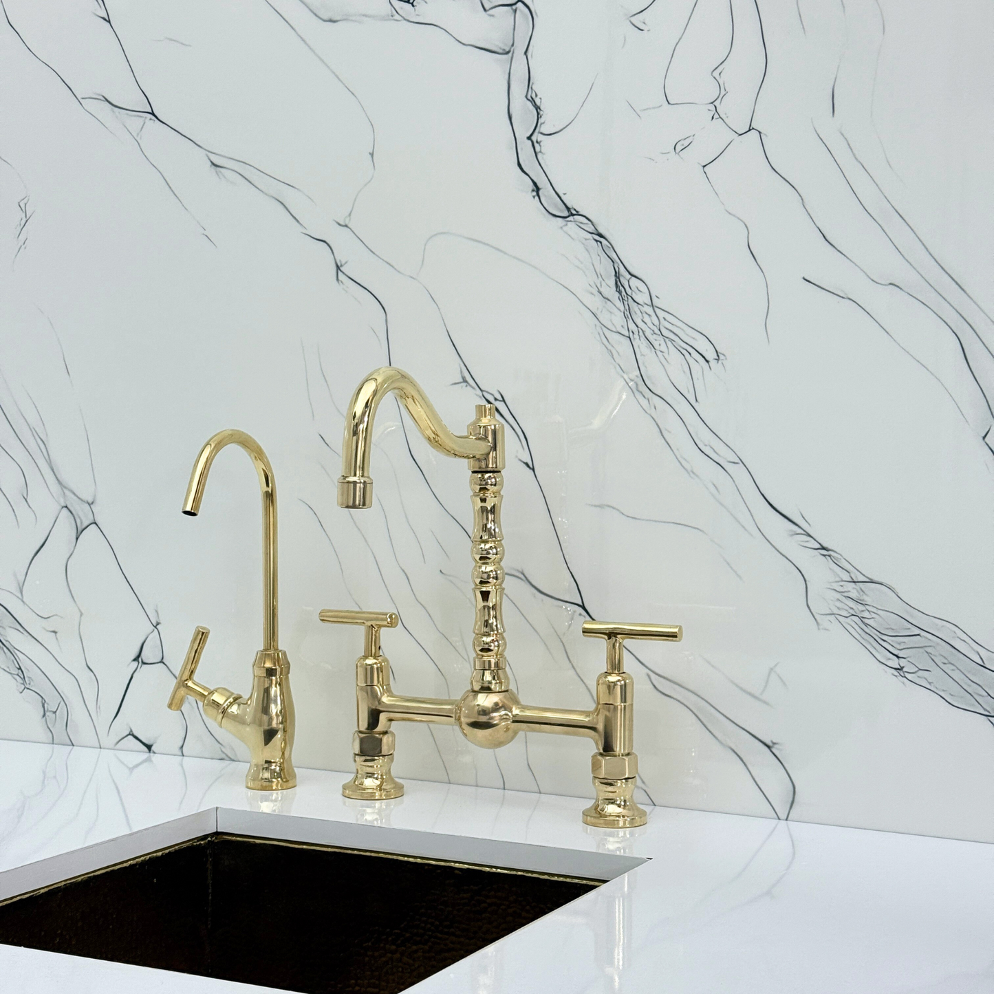 Unlacquered Brass Victorian Bridge Faucet with Ball Center, Sprayer, Cold Water Faucet, and Lever Handles