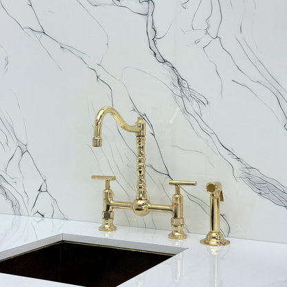 Unlacquered Brass Victorian Bridge Faucet with Ball Center, Sprayer, Cold Water Faucet, and Lever Handles