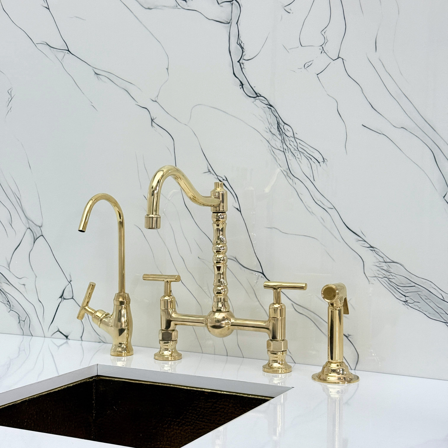 Unlacquered Brass Victorian Bridge Faucet with Ball Center, Sprayer, Cold Water Faucet, and Lever Handles