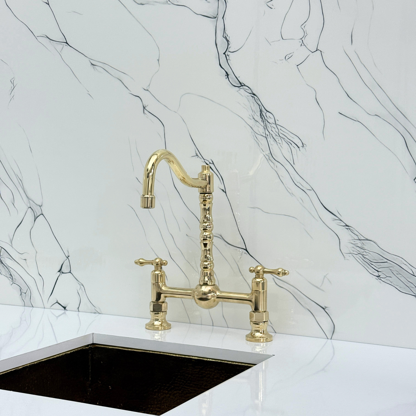 Unlacquered Brass Victorian Bridge Faucet with Ball Center, Sprayer, Cold Water Faucet, and Lever Handles