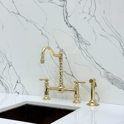 Unlacquered Brass Victorian Bridge Faucet with Ball Center, Sprayer, Cold Water Faucet, and Lever Handles