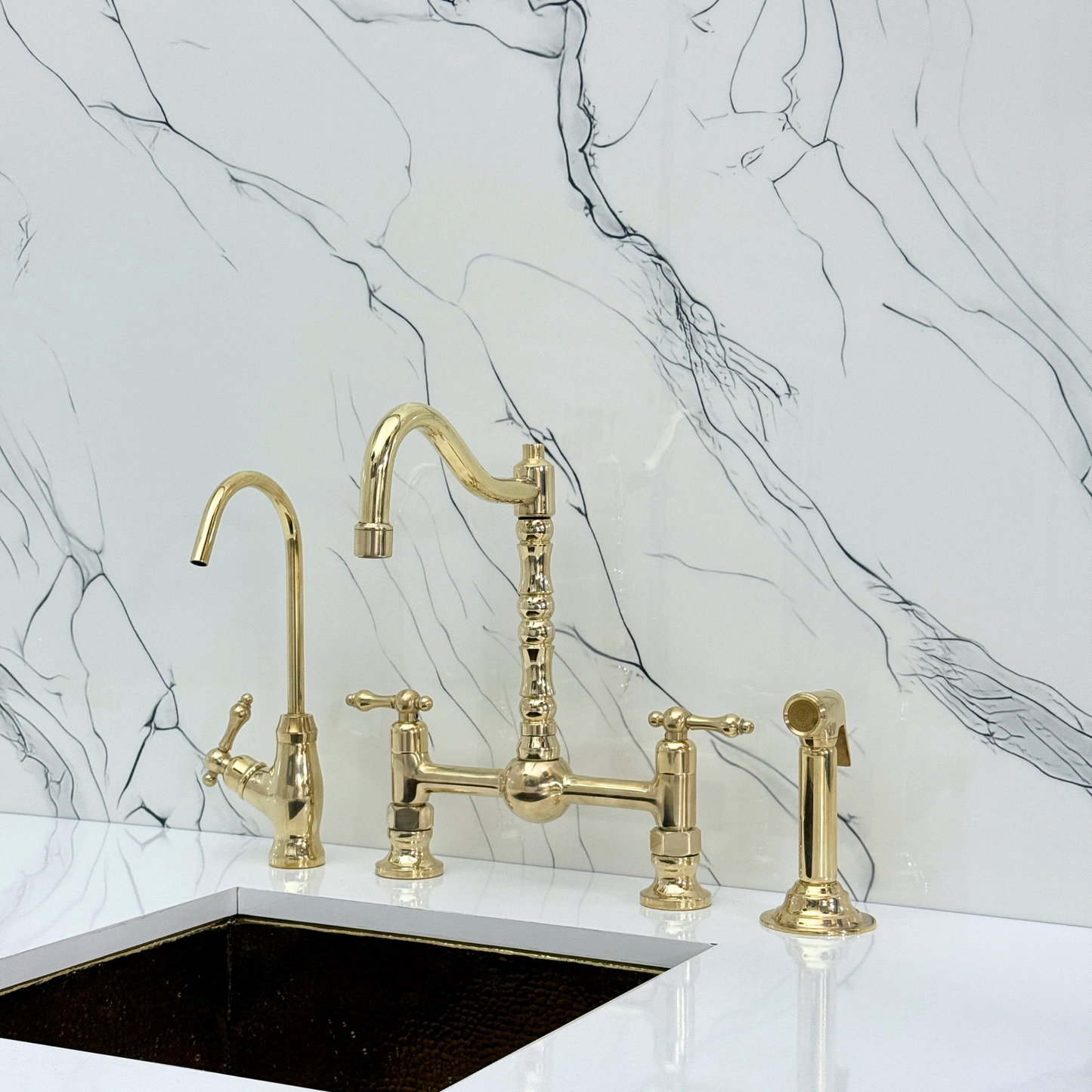 Unlacquered Brass Victorian Bridge Faucet with Ball Center, Sprayer, Cold Water Faucet, and Lever Handles
