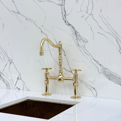 Unlacquered Brass Victorian Bridge Faucet with Sprayer, Cold Water Faucet, Straight Legs and Cross Handles