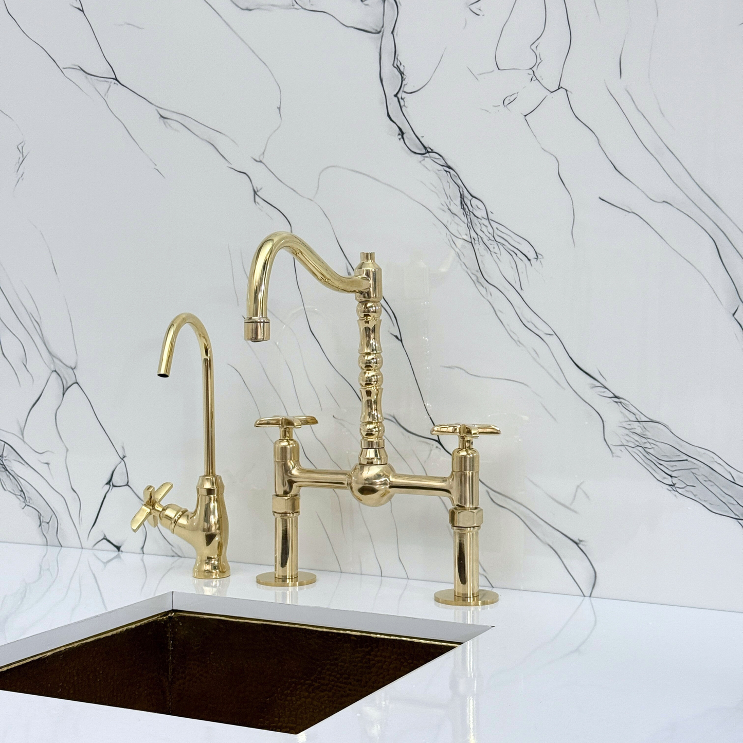 Unlacquered Brass Victorian Bridge Faucet with Sprayer, Cold Water Faucet, Straight Legs and Cross Handles