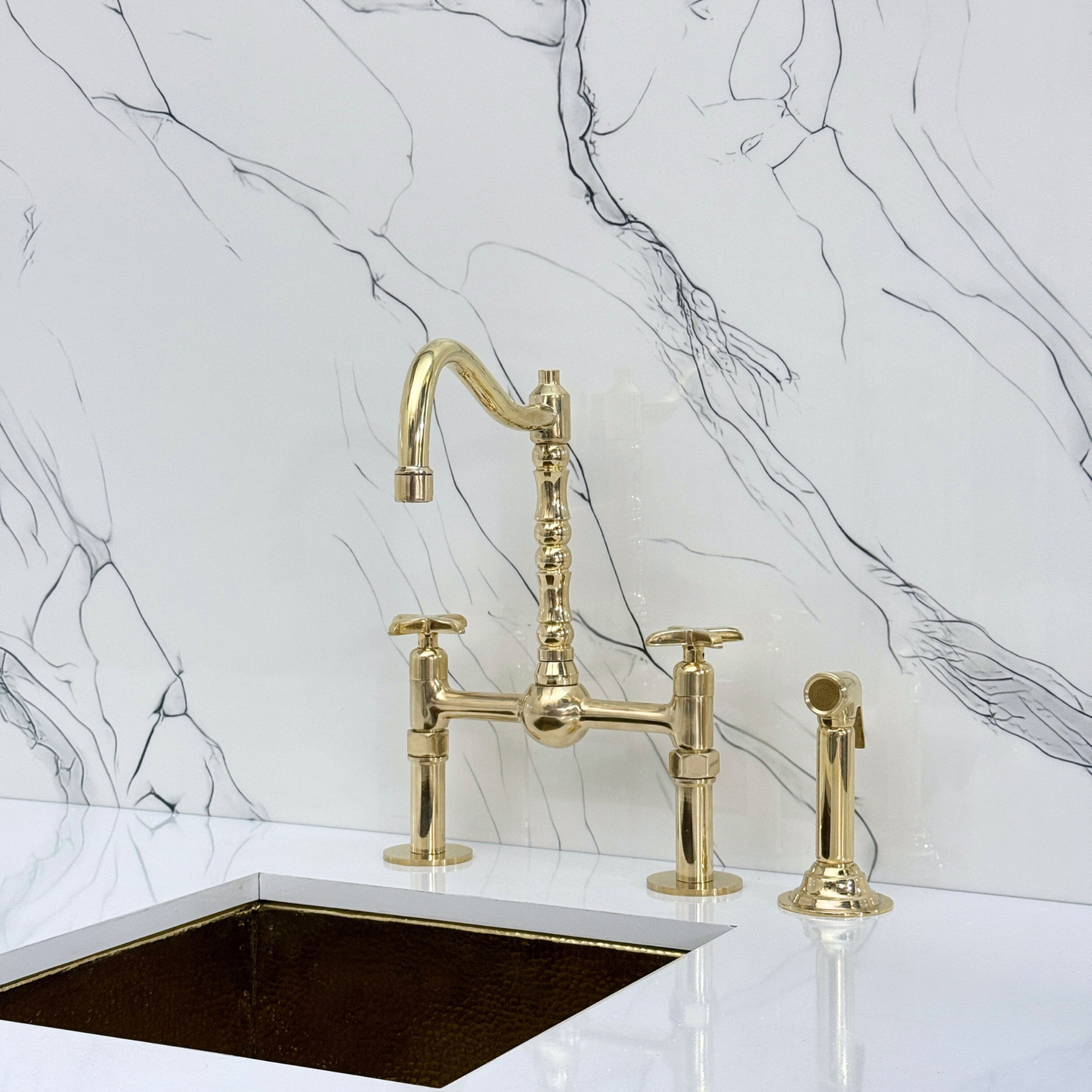 Unlacquered Brass Victorian Bridge Faucet with Sprayer, Cold Water Faucet, Straight Legs and Cross Handles