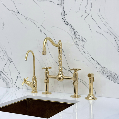 Unlacquered Brass Victorian Bridge Faucet with Sprayer, Cold Water Faucet, Straight Legs and Cross Handles