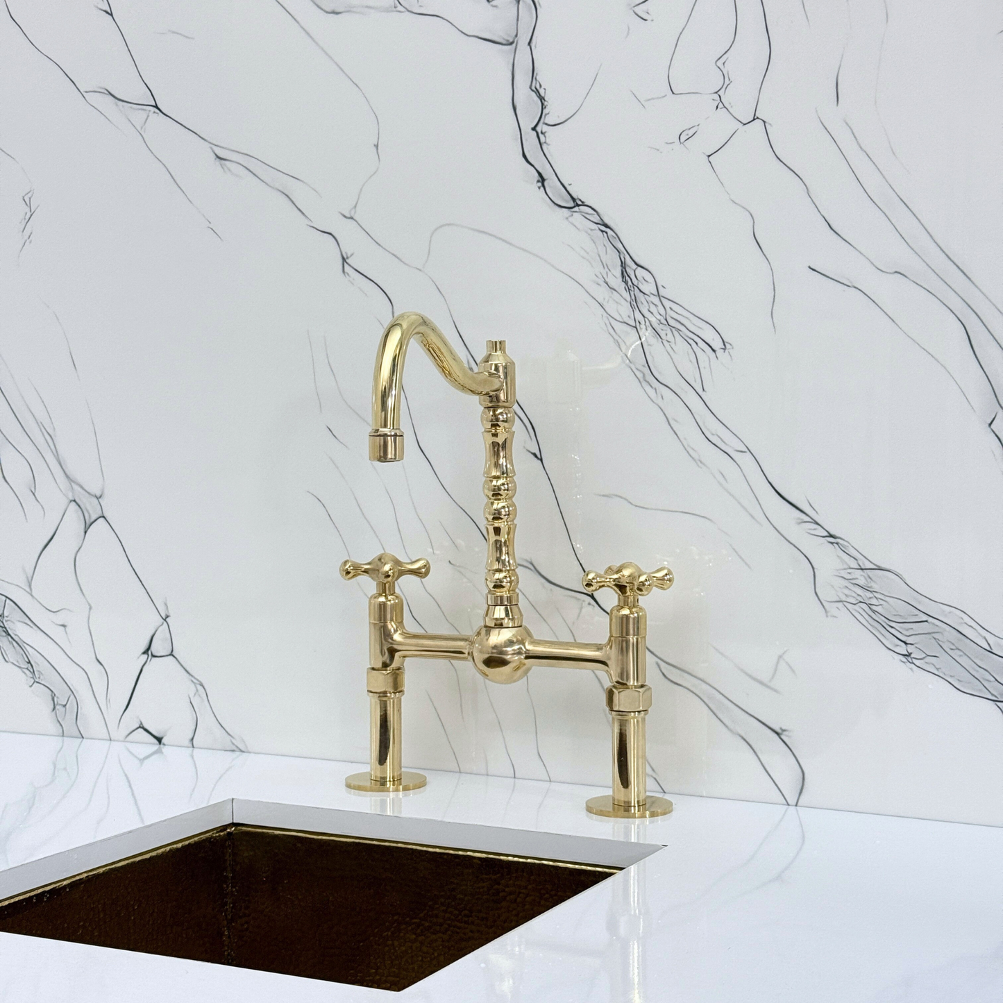 Unlacquered Brass Victorian Bridge Faucet with Sprayer, Cold Water Faucet, Straight Legs and Cross Handles