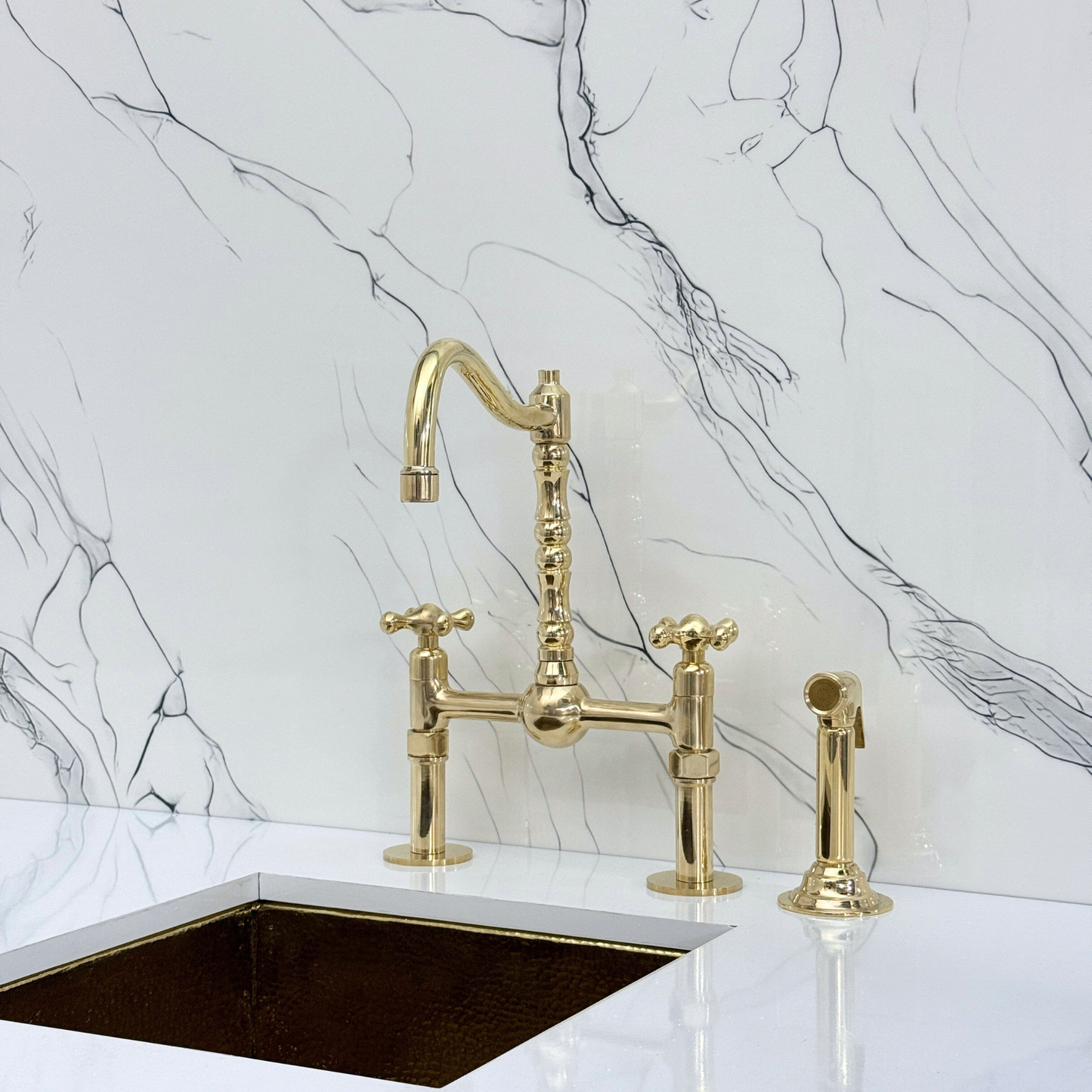 Unlacquered Brass Victorian Bridge Faucet with Sprayer, Cold Water Faucet, Straight Legs and Cross Handles