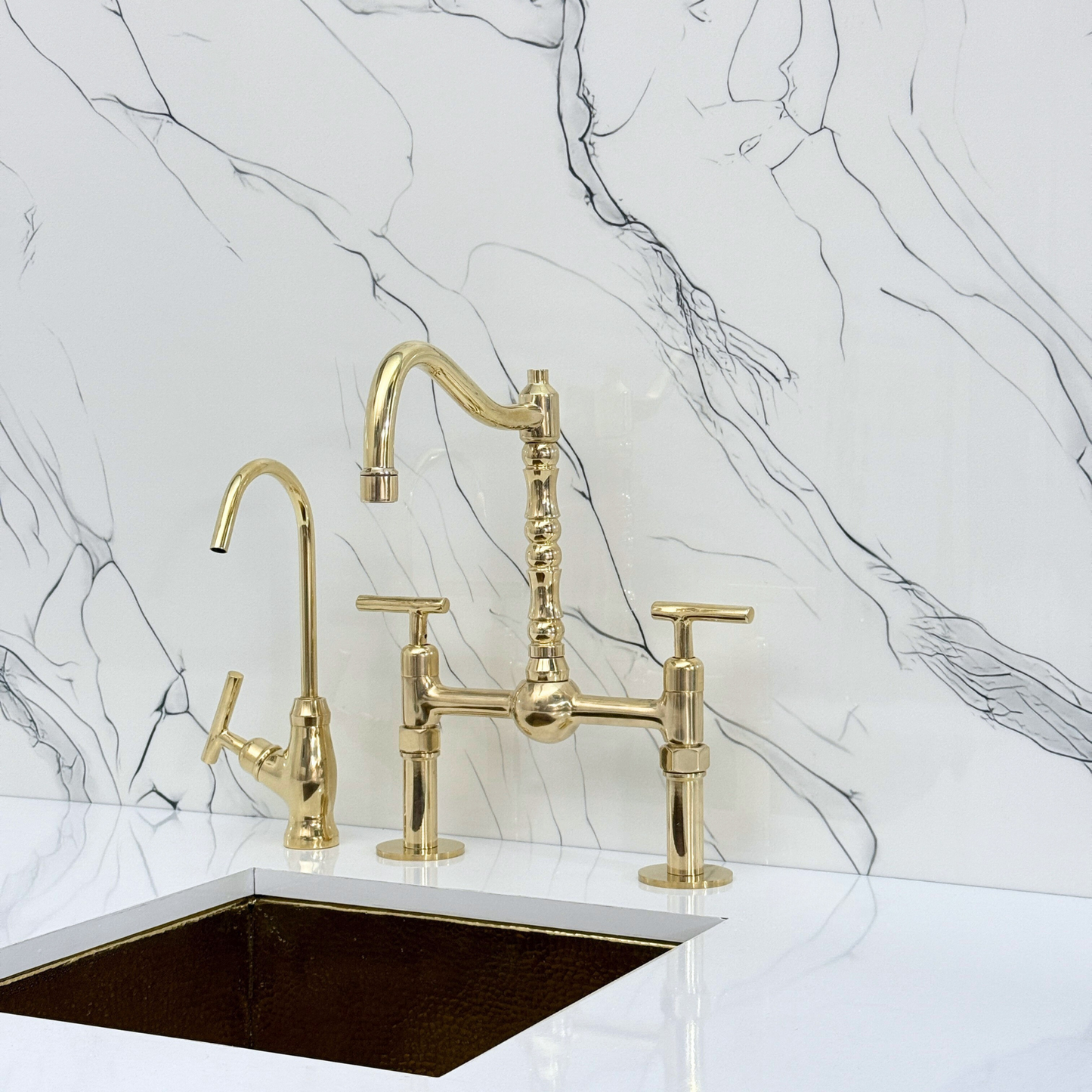 Unlacquered Brass Victorian Bridge Faucet with Sprayer, Cold Water Faucet, Straight Legs and Lever Handles