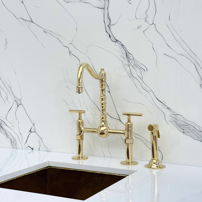 Unlacquered Brass Victorian Bridge Faucet with Sprayer, Cold Water Faucet, Straight Legs and Lever Handles