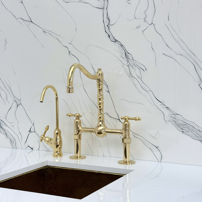 Unlacquered Brass Victorian Bridge Faucet with Sprayer, Cold Water Faucet, Straight Legs and Lever Handles