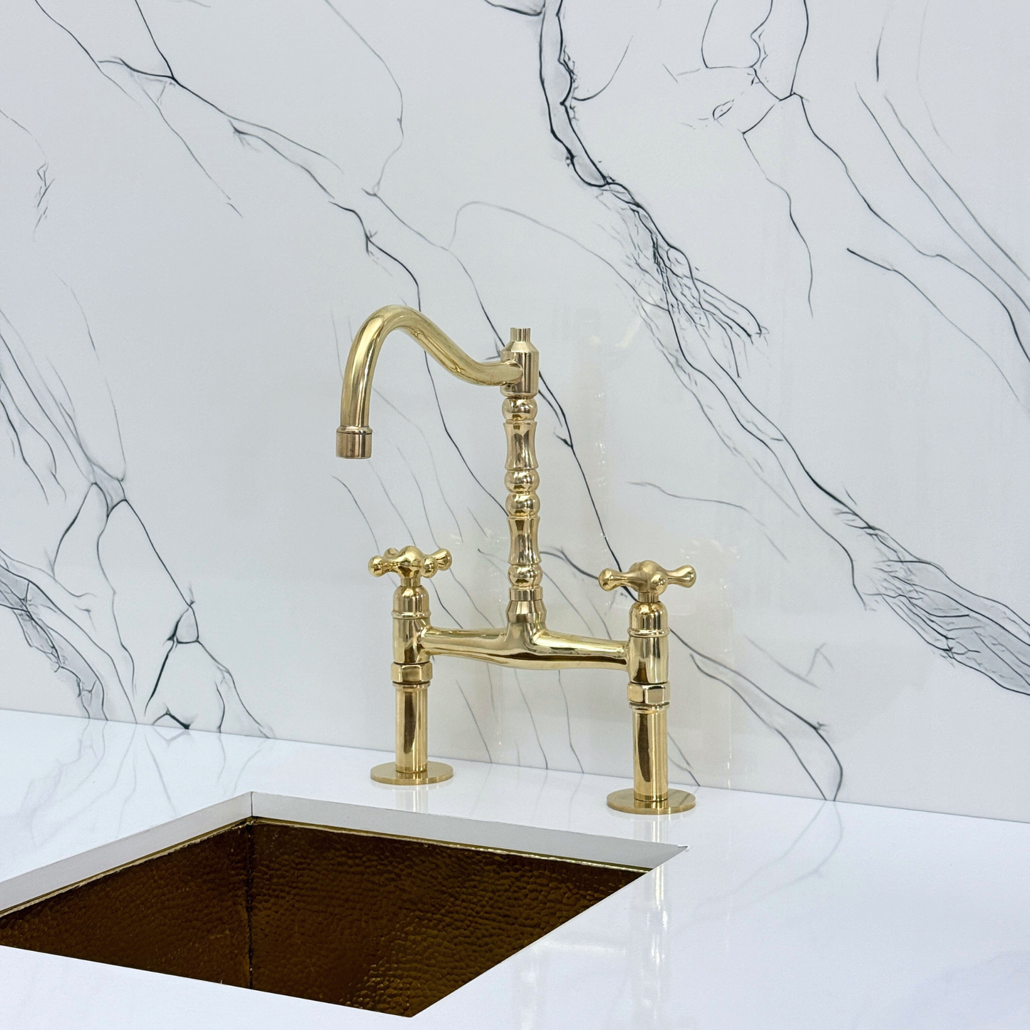 Unlacquered Brass Victorian Bridge Faucet with Sprayer, Cold Water Faucet and Cross Handles