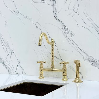 Unlacquered Brass Victorian Bridge Faucet with Cold Water Faucet, Sprayer and Cross Handles