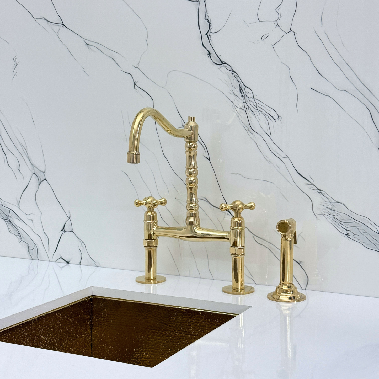 Unlacquered Brass Victorian Bridge Faucet with Sprayer, Cold Water Faucet and Cross Handles
