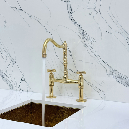 Unlacquered Brass Victorian Bridge Faucet with Sprayer, Cold Water Faucet and Cross Handles