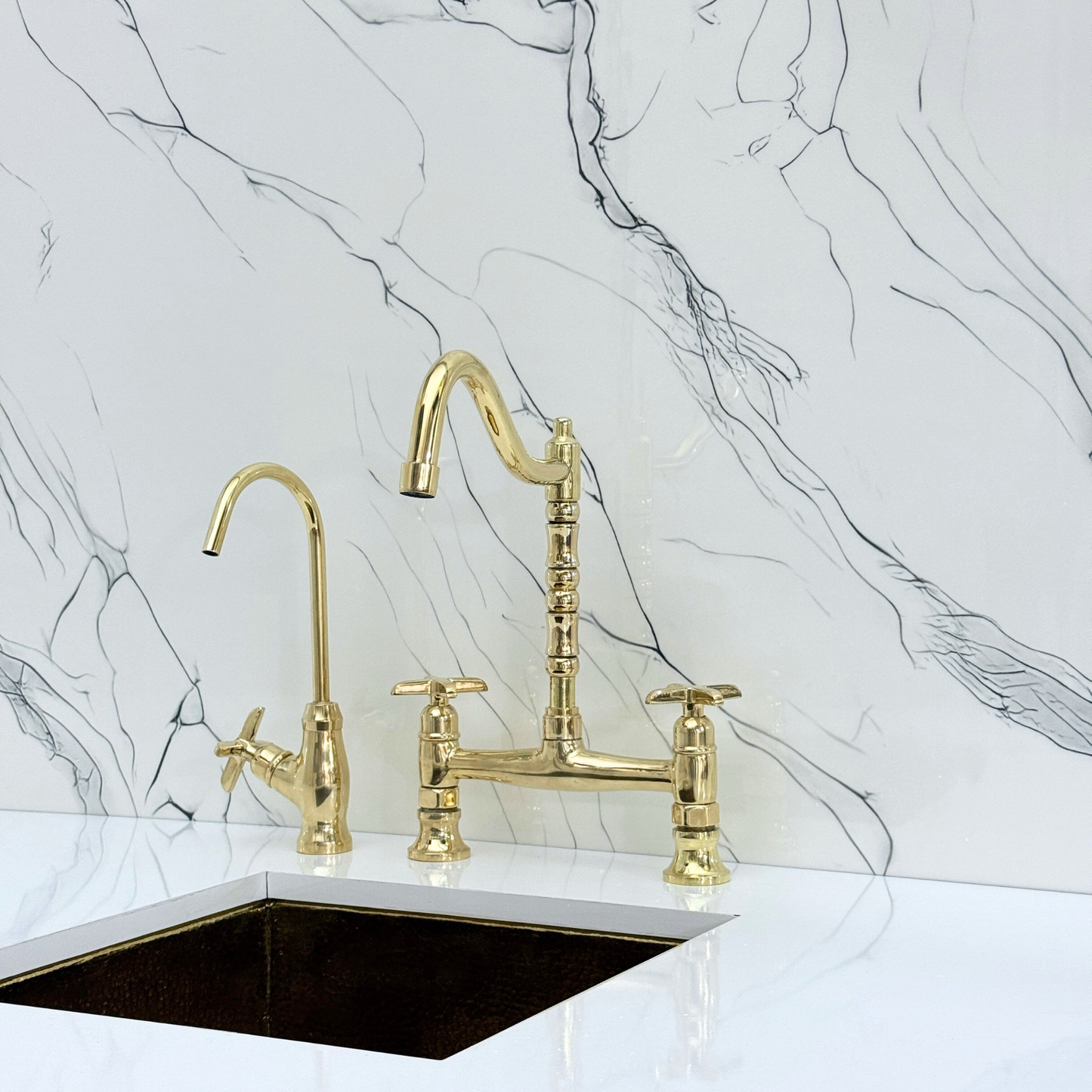 Unlacquered Brass Victorian Bridge Faucet with Cold Water Faucet, Sprayer and Cross Handles