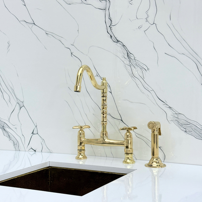 Unlacquered Brass Victorian Bridge Faucet with Cold Water Faucet, Sprayer and Cross Handles