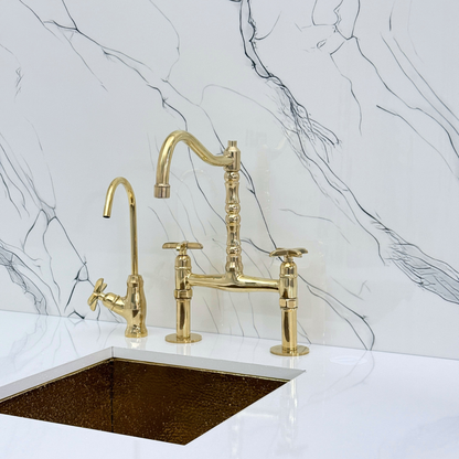 Unlacquered Brass Victorian Bridge Faucet with Sprayer, Cold Water Faucet and Cross Handles