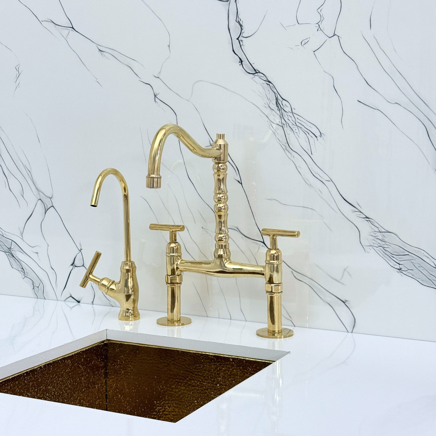 Unlacquered Brass Victorian Bridge Faucet with Sprayer, Cold Water Faucet and Lever Handles