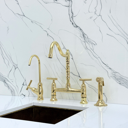 Unlacquered Brass Victorian Bridge Faucet with Cold Water Faucet, Sprayer and Lever Handles