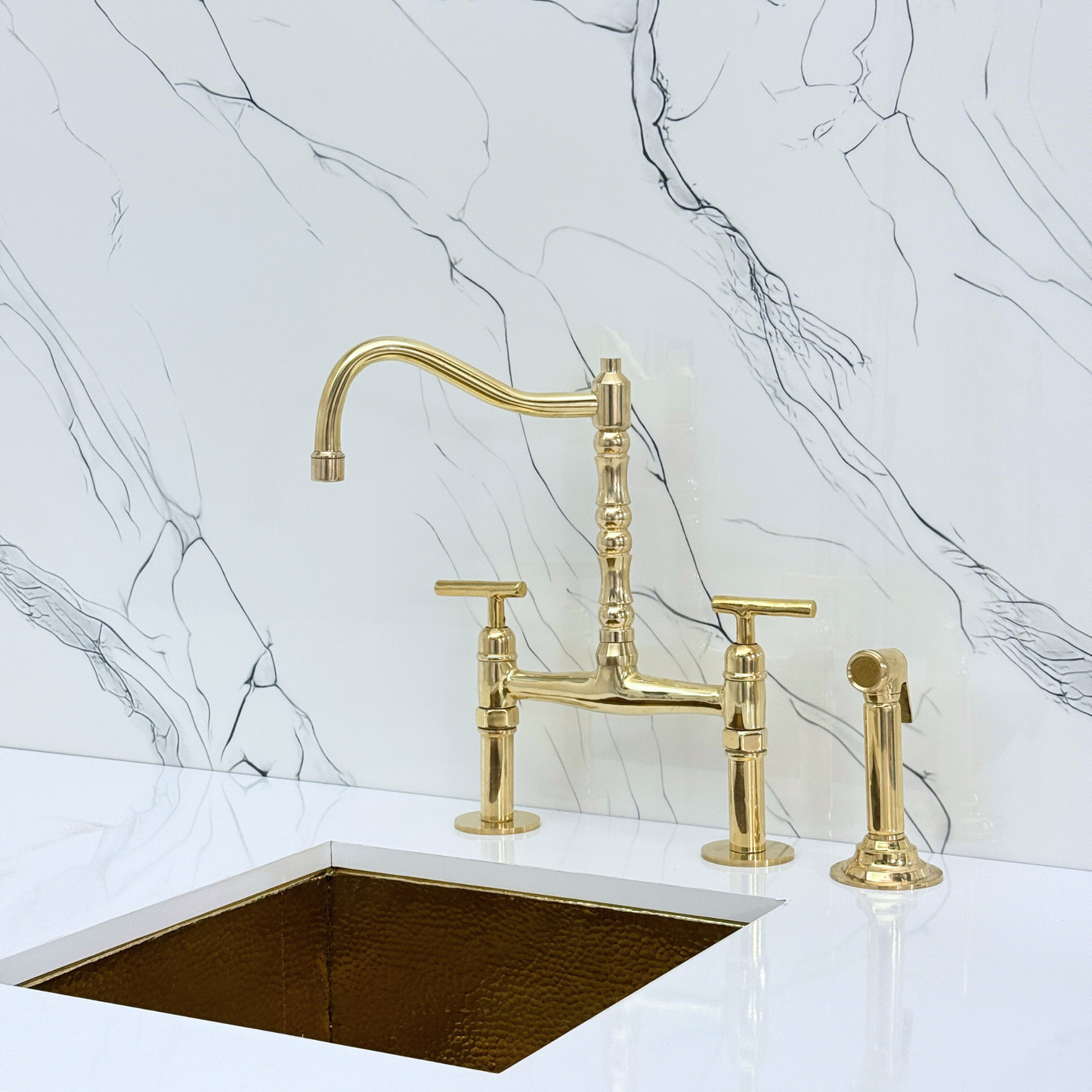 Unlacquered Brass Victorian Bridge Faucet with Sprayer, Cold Water Faucet and Lever Handles