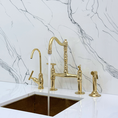 Unlacquered Brass Victorian Bridge Faucet with Sprayer, Cold Water Faucet and Lever Handles