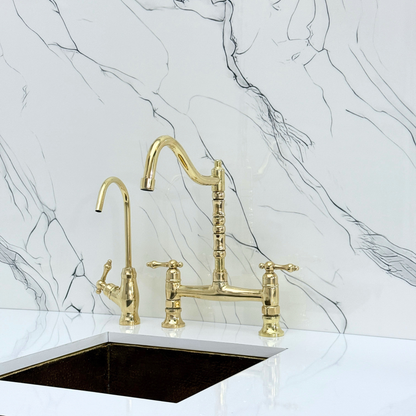 Unlacquered Brass Victorian Bridge Faucet with Cold Water Faucet, Sprayer and Lever Handles