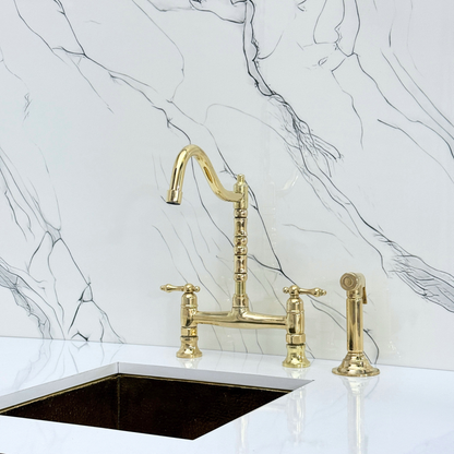Unlacquered Brass Victorian Bridge Faucet with Cold Water Faucet, Sprayer and Lever Handles
