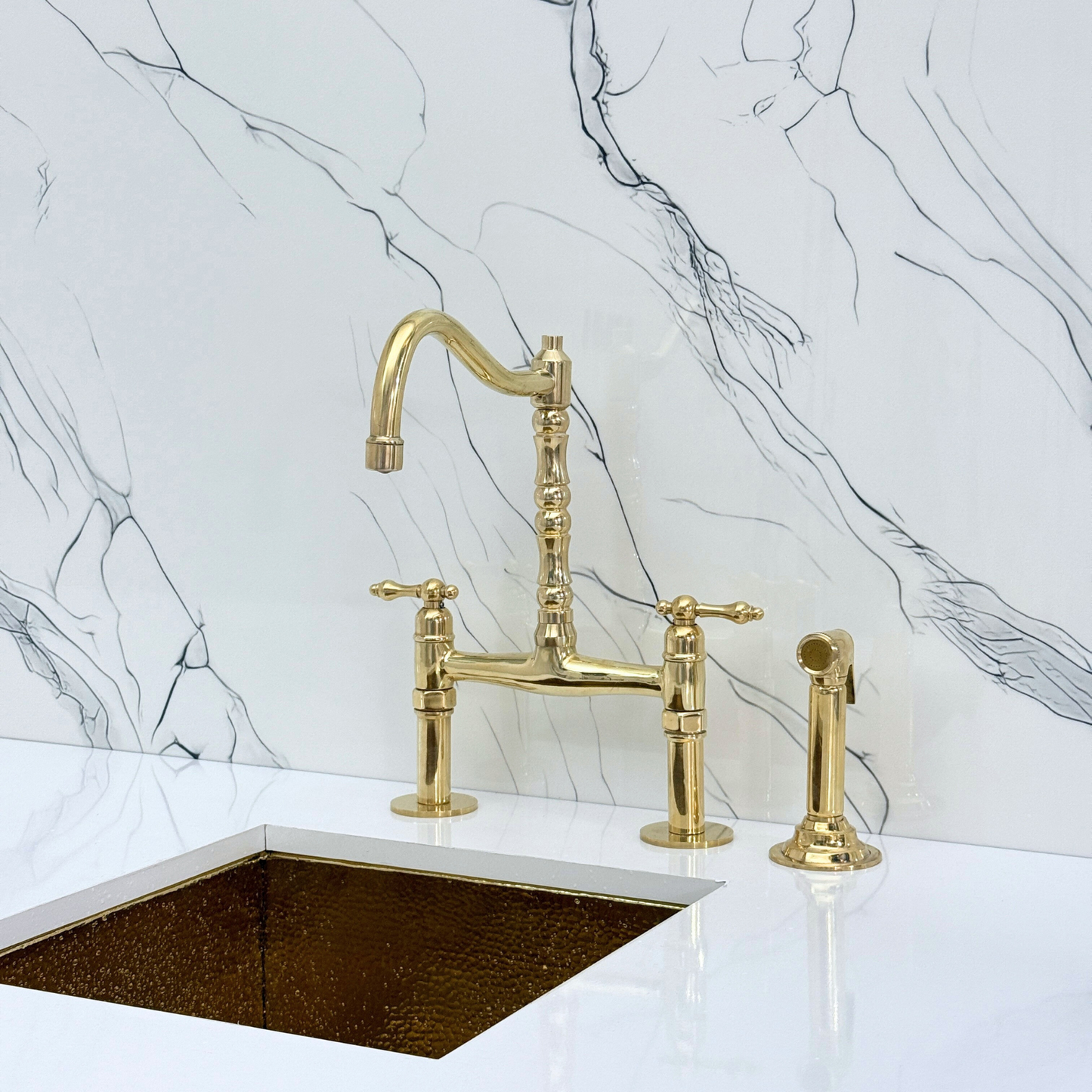 Unlacquered Brass Victorian Bridge Faucet with Sprayer, Cold Water Faucet and Lever Handles
