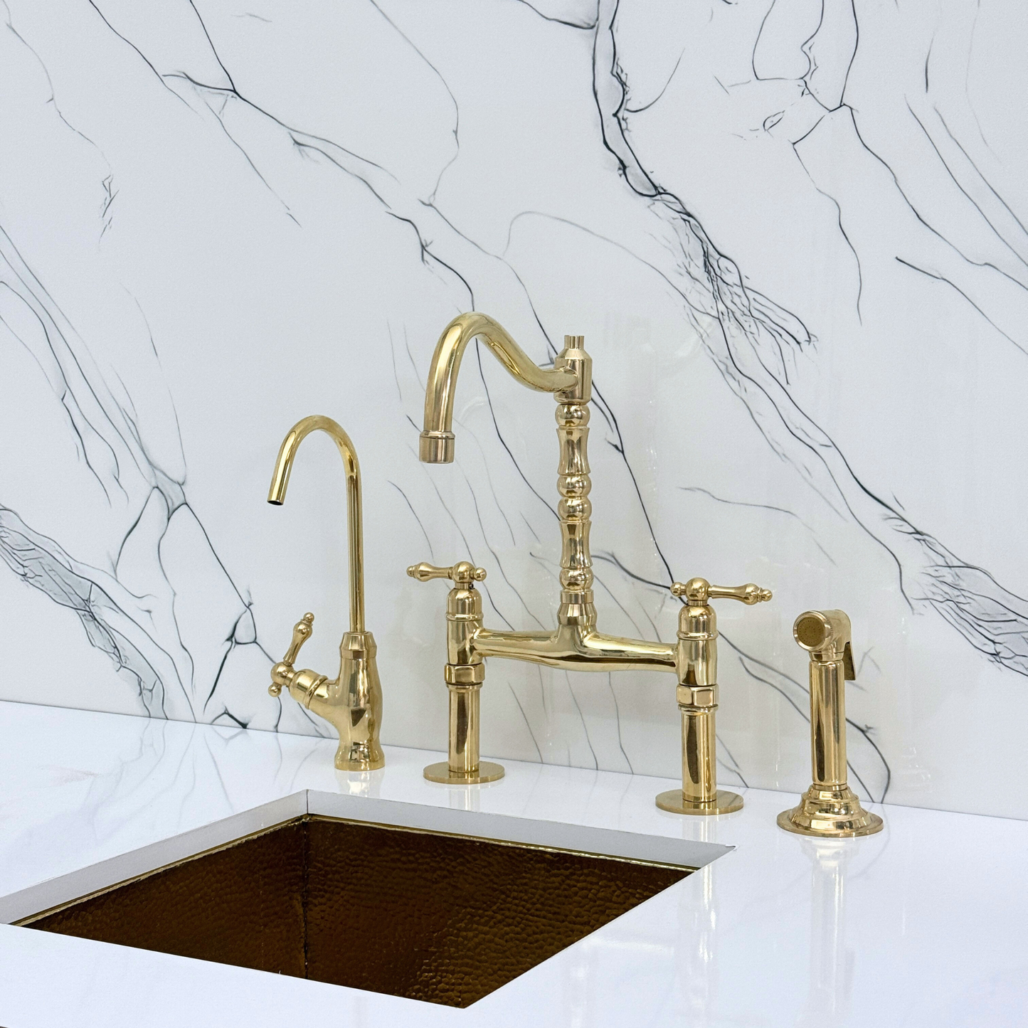 Unlacquered Brass Victorian Bridge Faucet with Sprayer, Cold Water Faucet and Lever Handles
