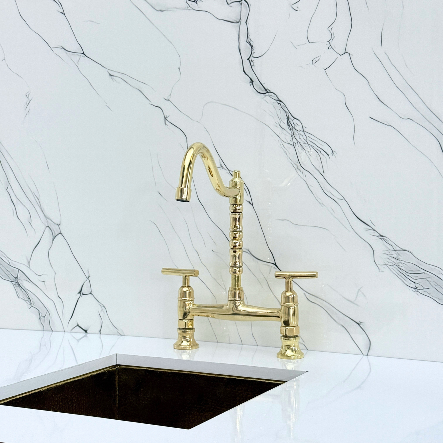 Unlacquered Brass Victorian Bridge Faucet with Cold Water Faucet, Sprayer and Lever Handles