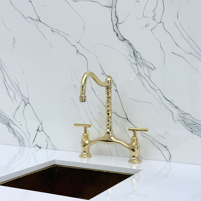Unlacquered Brass Victorian Bridge Kitchen Faucet with Sprayer, Drinking Water Tap and Lever Handles