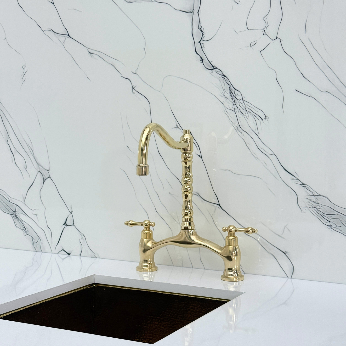 Unlacquered Brass Victorian Bridge Kitchen Faucet with Sprayer, Drinking Water Tap and Lever Handles