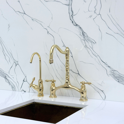 Unlacquered Brass Victorian Bridge Kitchen Faucet with Sprayer, Drinking Water Tap and Lever Handles