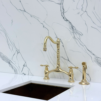 Unlacquered Brass Victorian Bridge Kitchen Faucet with Sprayer, Drinking Water Tap and Lever Handles