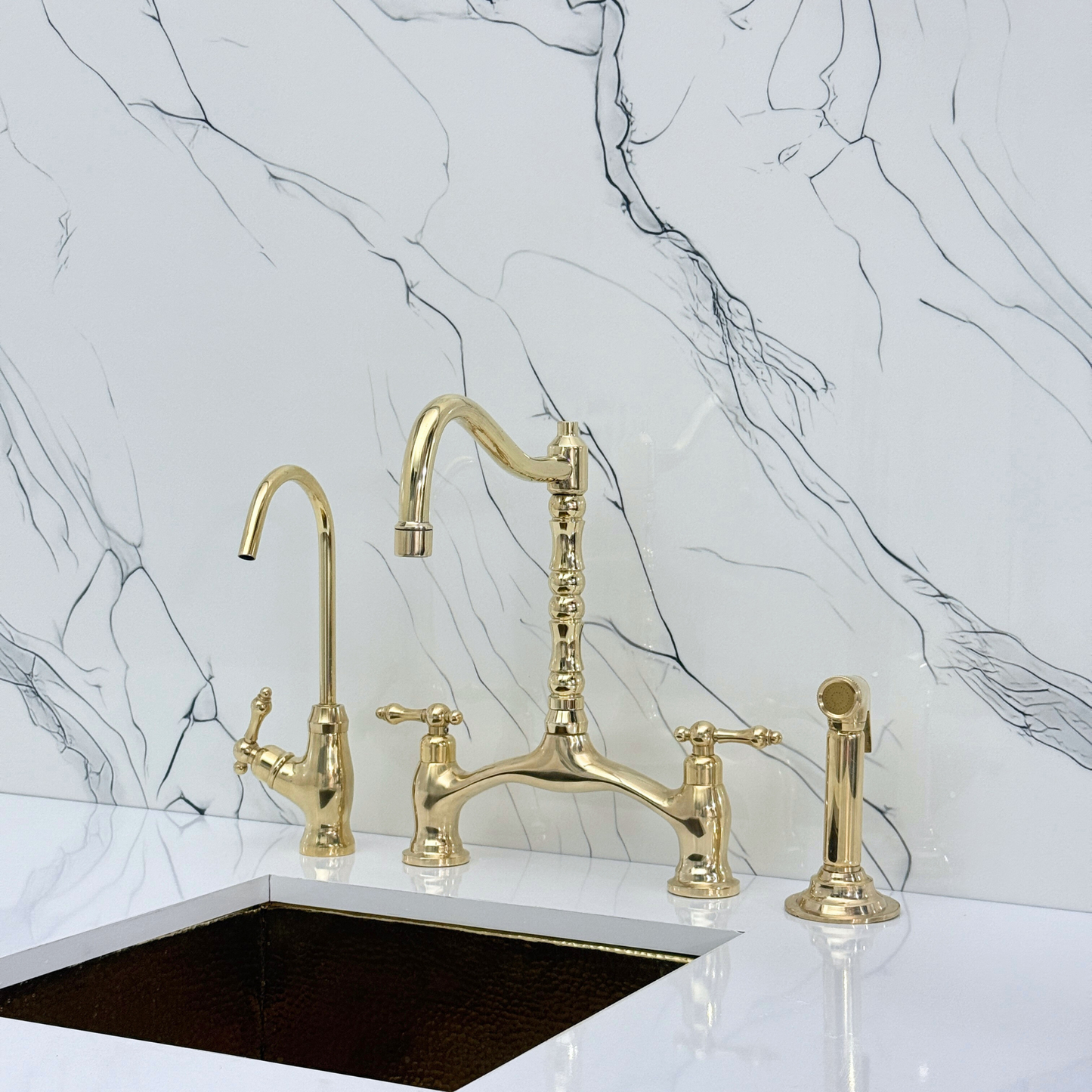 Unlacquered Brass Victorian Bridge Kitchen Faucet with Sprayer, Drinking Water Tap and Lever Handles