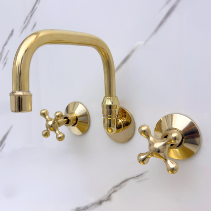 Unlacquered Brass Wall-Mount Bathroom Faucet with Cross handles