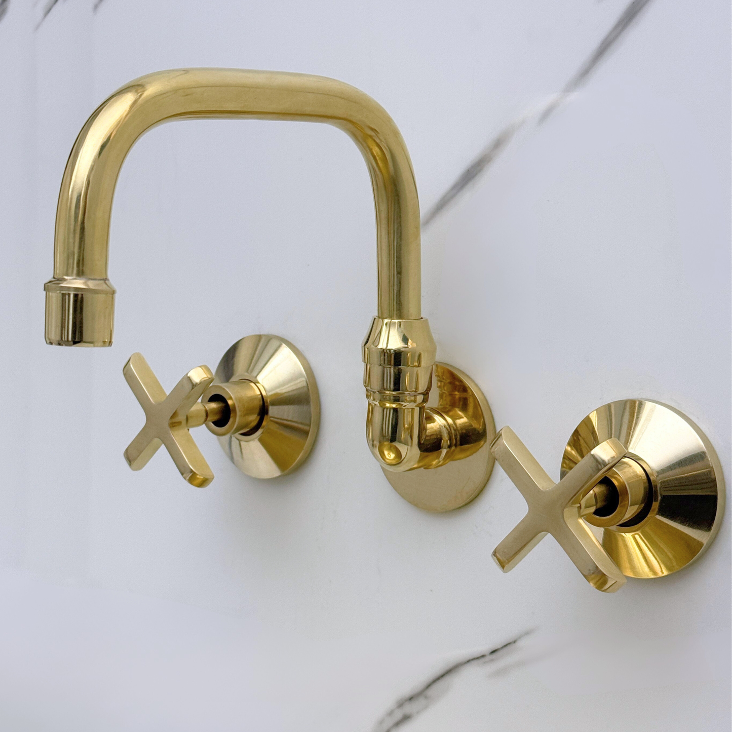 Unlacquered Brass Wall-Mount Bathroom Faucet with Cross handles