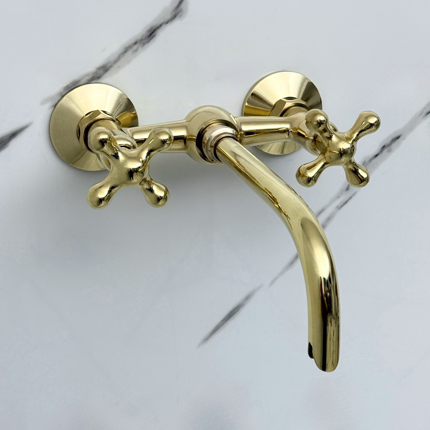Unlacquered Brass Wall-Mount Bathroom Faucet with Cross handles