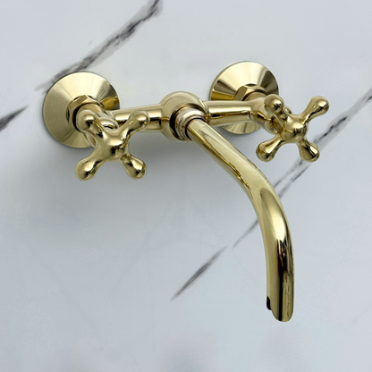 Unlacquered Brass Wall-Mount Bathroom Faucet with Cross handles