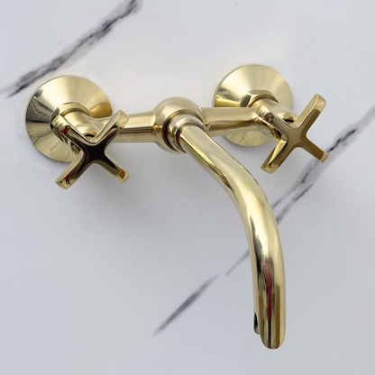 Unlacquered Brass Wall-Mount Bathroom Faucet with Cross handles