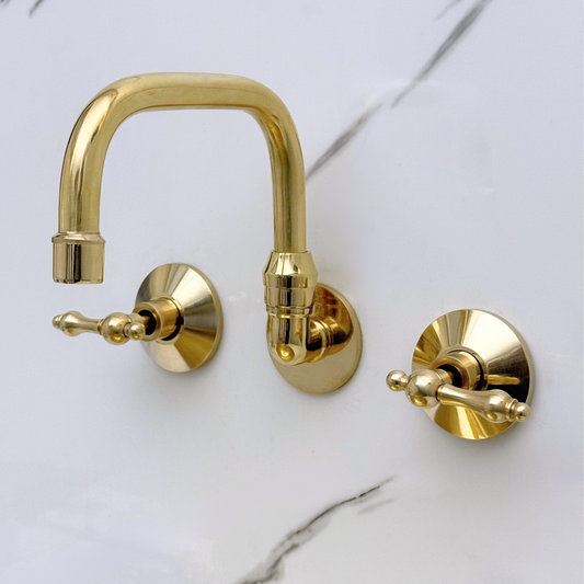 Unlacquered Brass Wall-Mount Bathroom Faucet with Lever handles