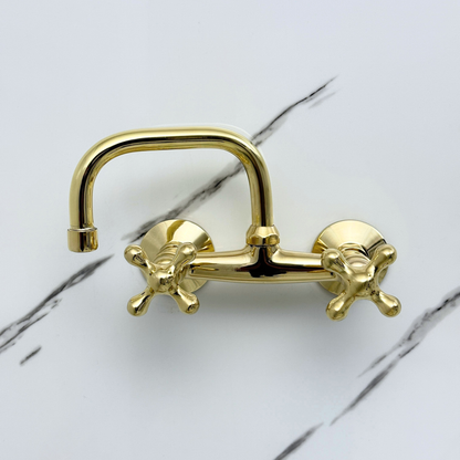 Unlacquered Brass Wall-Mount Bathroom Faucet with Cross handles