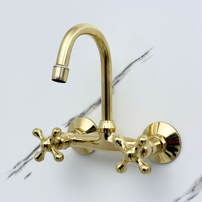 Unlacquered Brass Wall-Mount Bathroom Faucet with Cross handles