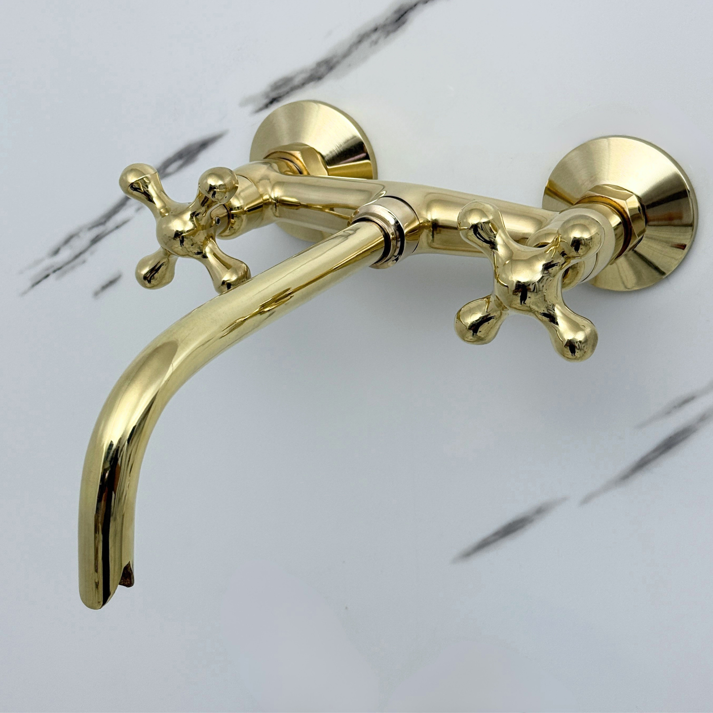 Unlacquered Brass Wall-Mount Bathroom Faucet with Cross handles
