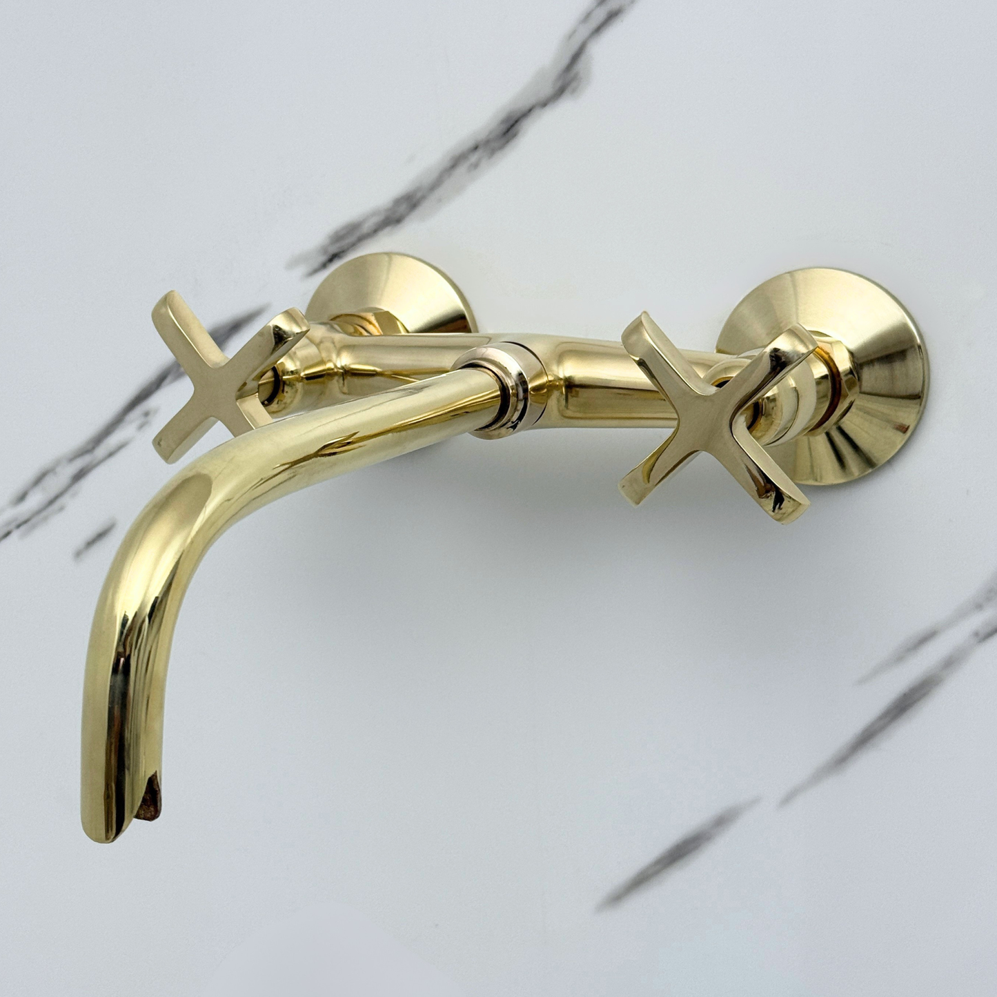 Unlacquered Brass Wall-Mount Bathroom Faucet with Cross handles