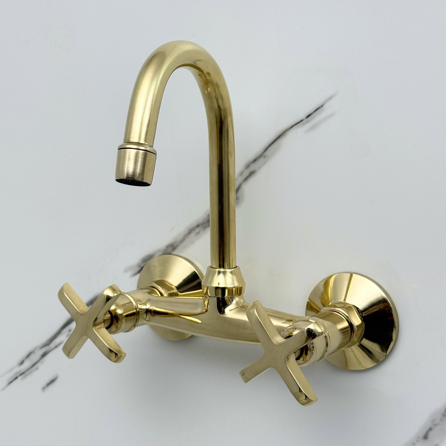 Unlacquered Brass Wall-Mount Bathroom Faucet with Cross handles
