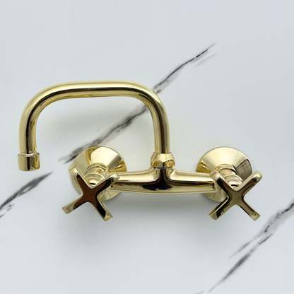 Unlacquered Brass Wall-Mount Bathroom Faucet with Cross handles